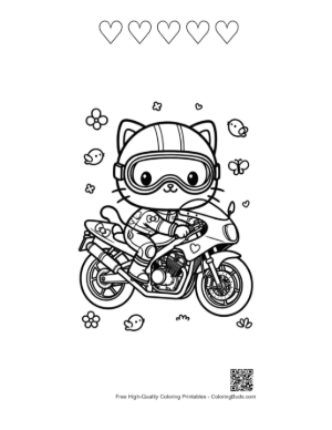 Thumbnail: Kitten Biker Wearing Goggles on Sport Bike Coloring Page Printable and 5 Heart Outline