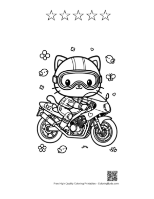 Thumbnail: Kitten Biker Wearing Goggles on Sport Bike Coloring Page Printable and 5 Star Outline