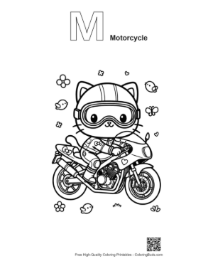 Thumbnail: Kitten Biker Wearing Goggles on Sport Bike Coloring Page Printable Outline Alphabet M Motorcycle