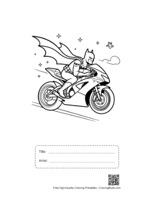 Thumbnail: Masked Hero Performing Sport Bike Jump Coloring Page Printable with Title and Artist Box