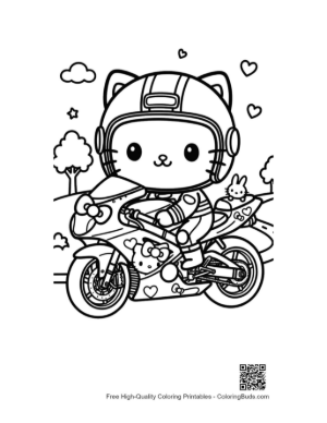 Thumbnail: Smart Kitty Character Riding Sport Motorcycle Coloring Page Printable