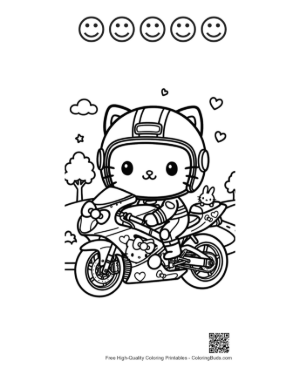 Thumbnail: Smart Kitty Character Riding Sport Motorcycle Coloring Page Printable and 5 Happy Face Outline