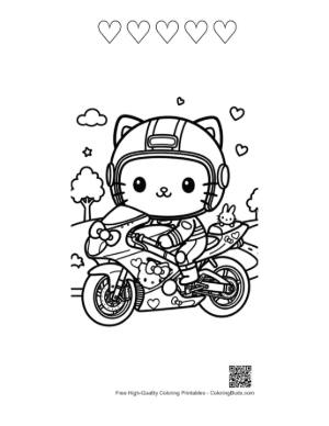 Thumbnail: Smart Kitty Character Riding Sport Motorcycle Coloring Page Printable and 5 Heart Outline