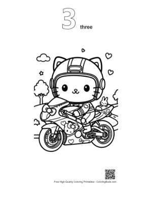 Thumbnail: Smart Kitty Character Riding Sport Motorcycle Coloring Page Printable Outline Number 3