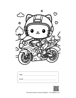 Thumbnail: Smart Kitty Character Riding Sport Motorcycle Coloring Page Printable with Title and Artist Box