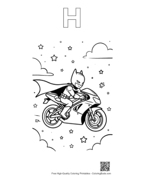 Thumbnail: Superhero Riding a Sport Bike Under Starry Night Coloring Page Printable Outline Alphabet H