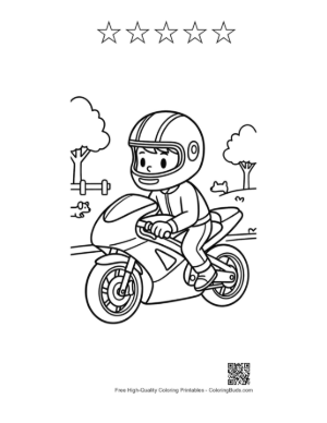 Thumbnail: Young Boy Driving a Modern Sport Motorcycle Coloring Page Printable and 5 Star Outline