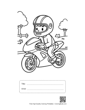 Thumbnail: Young Boy Driving a Modern Sport Motorcycle Coloring Page Printable with Title and Artist Box