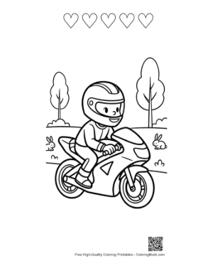 Thumbnail: Young Boy Racing on a Sport Motorcycle Coloring Sheet Printable and 5 Heart Outline