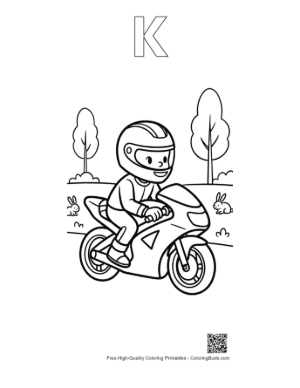 Thumbnail: Young Boy Racing on a Sport Motorcycle Coloring Sheet Printable Outline Alphabet K