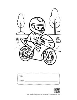 Thumbnail: Young Boy Racing on a Sport Motorcycle Coloring Sheet Printable with Title and Artist Box