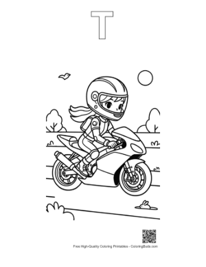 Thumbnail: Young Girl Riding a Fast Sport Bike Coloring Page Printable Outline Alphabet T