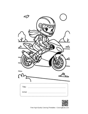 Thumbnail: Young Girl Riding a Fast Sport Bike Coloring Page Printable with Title and Artist Box