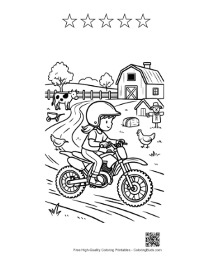 Thumbnail: Young Rider Speeding Past Farmhouse and Silo Printable and 5 Star Outline