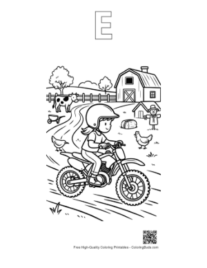 Thumbnail: Young Rider Speeding Past Farmhouse and Silo Printable Outline Alphabet E