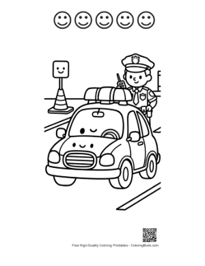 Thumbnail: Cute Cartoon Police Car Driving on Road Printable and 5 Happy Face Outline