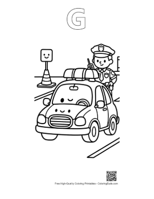 Thumbnail: Cute Cartoon Police Car Driving on Road Printable Outline Alphabet G