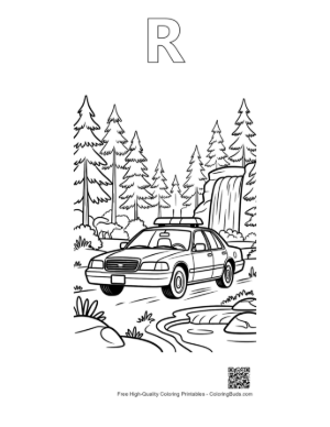 Thumbnail: Patrol Car on Dusty Road Through the Woods Printable Outline Alphabet R
