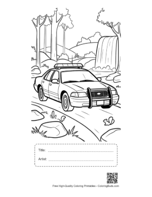 Thumbnail: Police Car Driving Past Forest Waterfall Printable with Title and Artist Box