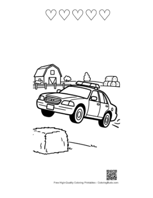 Thumbnail: Police Car Speeding Past Country Farmhouse Printable and 5 Heart Outline
