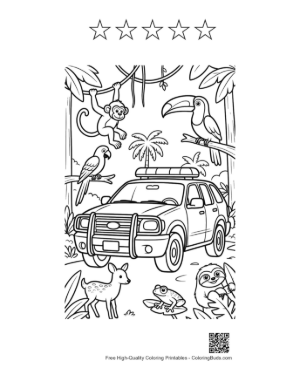 Thumbnail: Police SUV Patrolling Tropical Jungle Trail Printable and 5 Star Outline
