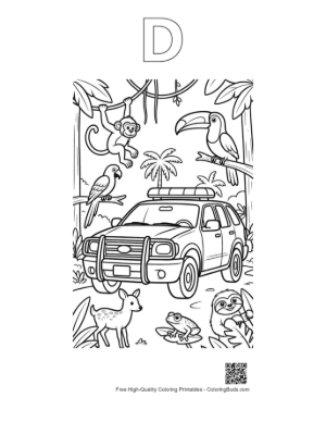 Thumbnail: Police SUV Patrolling Tropical Jungle Trail Printable Outline Alphabet D