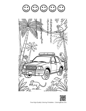 Thumbnail: Police Vehicle Driving Through Scenic Tropical Woods Printable and 5 Happy Face Outline