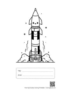 Thumbnail: Kawaii Saturn V Space Rocket with Smiley Face on Launchpad Printable with Title and Artist Box