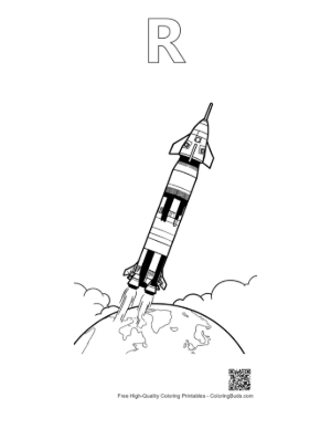 Thumbnail: Saturn V Rocket Blasting Off into Space Line Art Printable Outline Alphabet R