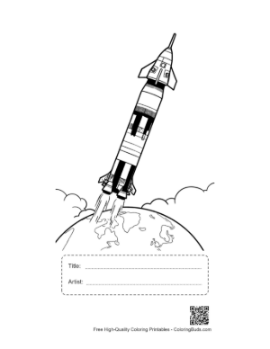 Thumbnail: Saturn V Rocket Blasting Off into Space Line Art Printable with Title and Artist Box