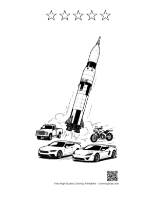 Thumbnail: Saturn V Rocket Launching Past Speeding Vehicles Printable and 5 Star Outline