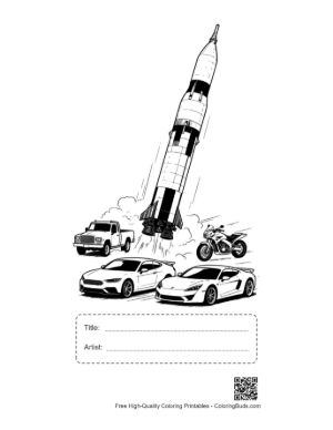 Thumbnail: Saturn V Rocket Launching Past Speeding Vehicles Printable with Title and Artist Box