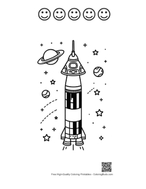 Thumbnail: Saturn V Rocket Surrounded by Rings and Planets Printable and 5 Happy Face Outline