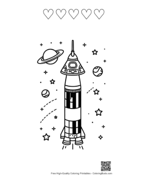 Thumbnail: Saturn V Rocket Surrounded by Rings and Planets Printable and 5 Heart Outline