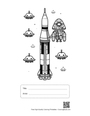 Thumbnail: Saturn V Rocket with Astronauts and Small UFOs Printable with Title and Artist Box