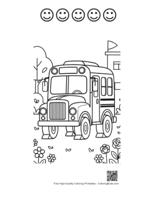 Thumbnail: Classic Yellow School Bus Parked in a Floral Garden Coloring Page Printable and 5 Happy Face Outline