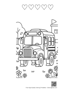 Thumbnail: Classic Yellow School Bus Parked in a Floral Garden Coloring Page Printable and 5 Heart Outline