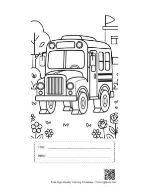 Thumbnail: Classic Yellow School Bus Parked in a Floral Garden Coloring Page Printable with Title and Artist Box