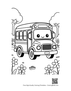 Thumbnail: Cute Cartoon School Bus with Big Eyes in a Flower Field Printable