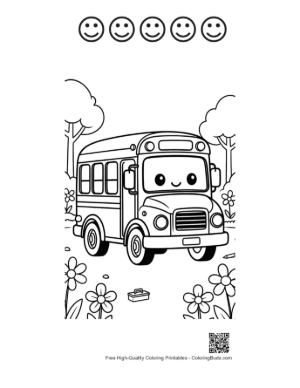 Thumbnail: Cute Cartoon School Bus with Big Eyes in a Flower Field Printable and 5 Happy Face Outline