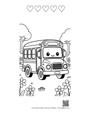 Thumbnail: Cute Cartoon School Bus with Big Eyes in a Flower Field Printable and 5 Heart Outline