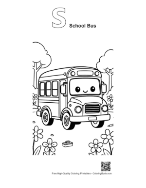Thumbnail: Cute Cartoon School Bus with Big Eyes in a Flower Field Printable Outline Alphabet S School Bus