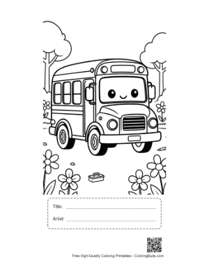 Thumbnail: Cute Cartoon School Bus with Big Eyes in a Flower Field Printable with Title and Artist Box