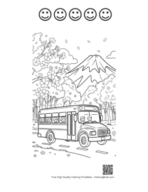 Thumbnail: Detailed School Bus Driving Near a Snowy Mountain Range Printable and 5 Happy Face Outline