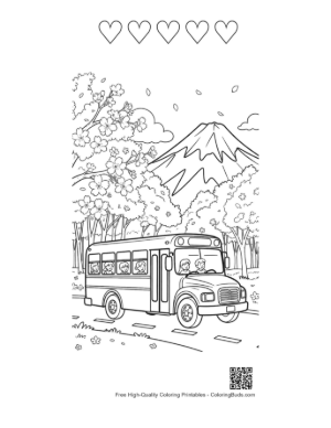 Thumbnail: Detailed School Bus Driving Near a Snowy Mountain Range Printable and 5 Heart Outline