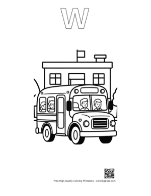 Thumbnail: Detailed School Bus with Children Looking Out the Windows Printable Outline Alphabet W