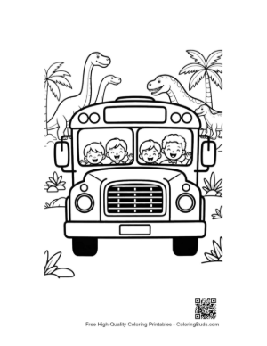 Thumbnail: Front View of a Bus with Children and a T-Rex Background Printable