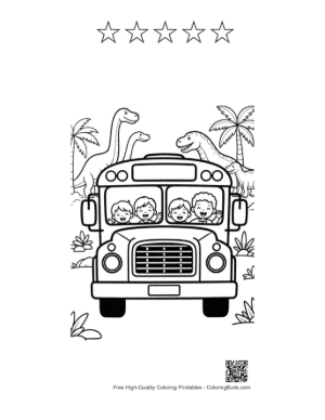 Thumbnail: Front View of a Bus with Children and a T-Rex Background Printable and 5 Star Outline