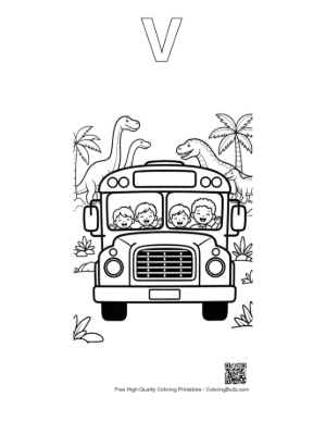 Thumbnail: Front View of a Bus with Children and a T-Rex Background Printable Outline Alphabet V