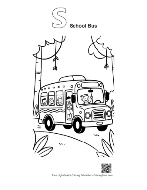 Thumbnail: Safari Bus with Children Observing Tropical Plants and Trees Printable Outline Alphabet S School Bus
